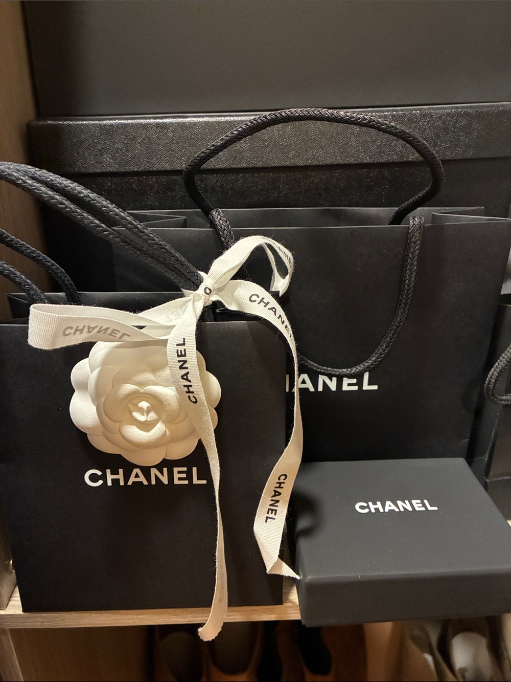 CHANEL small Black Shopping Bag with White Camellia and Ribbon and jewelry box